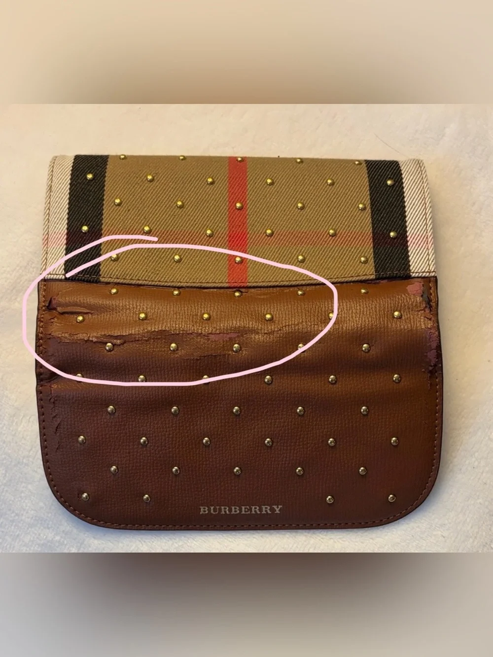 Burberry Brown Leather Studded Continental Wallet with Nova Check Trim